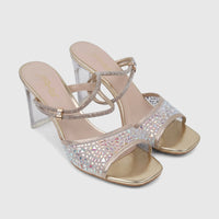 Elegant Bulbul Ladies Evening Slingback Sandals in gold, embellished with dazzling rhinestones and supported by chic clear