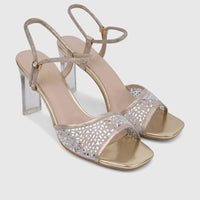 Bulbul Ladies Evening Slingback Sandal in gold with rhinestone-embellished clear straps and block heels, featuring a square