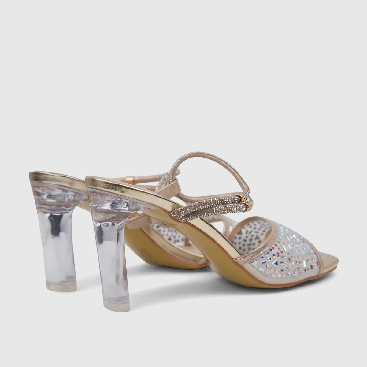 A pair of Bulbul Ladies Evening Slingback Sandals in gold, featuring iridescent rhinestone embellishments and clear block