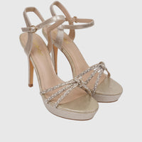 Bulbul Ladies Evening Slingback Sandals in sparkling gold with rhinestone-embellished criss-cross straps and a platform