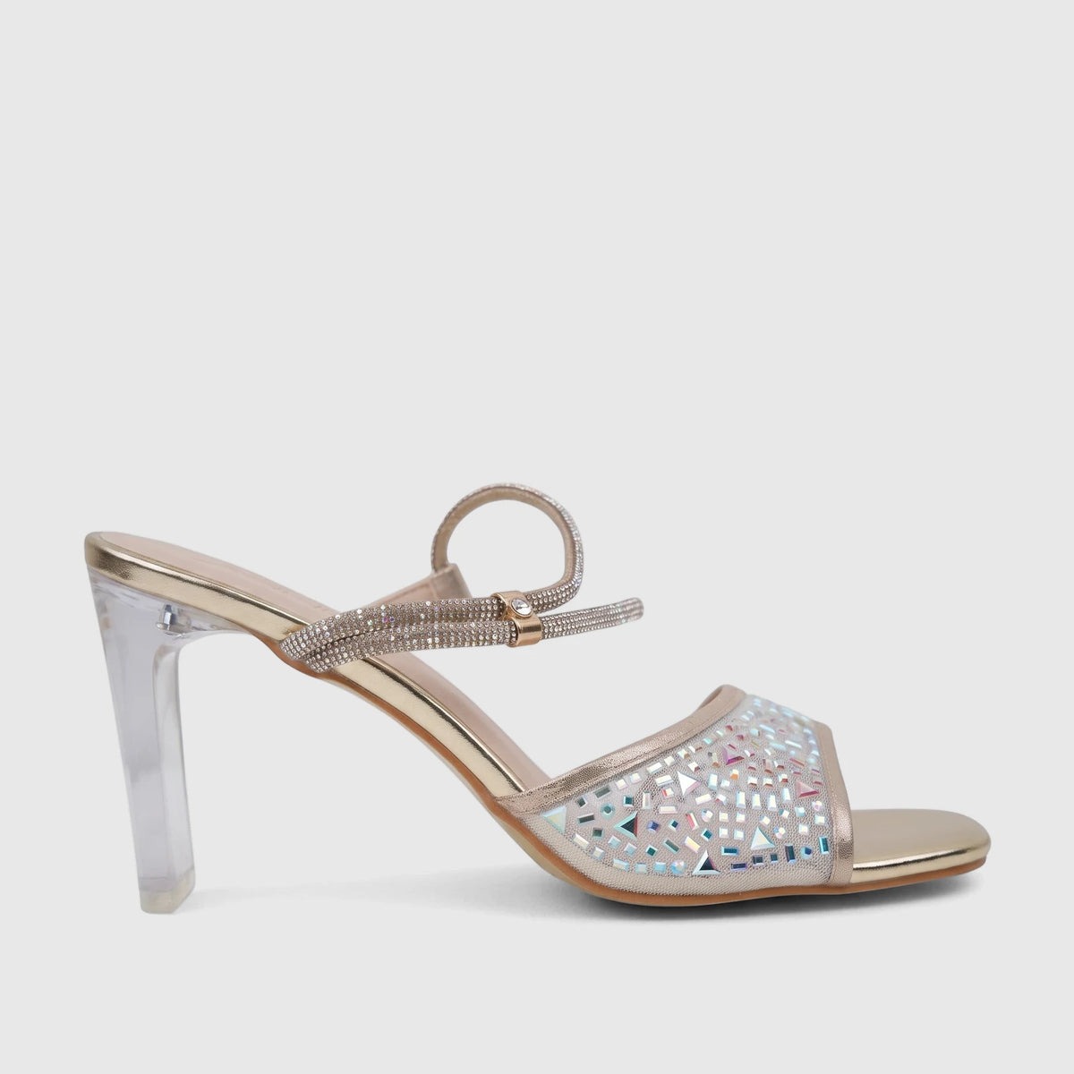 Gold Bulbul ladies evening slingback sandal with a clear block heel and shimmering rhinestone-embellished straps.
