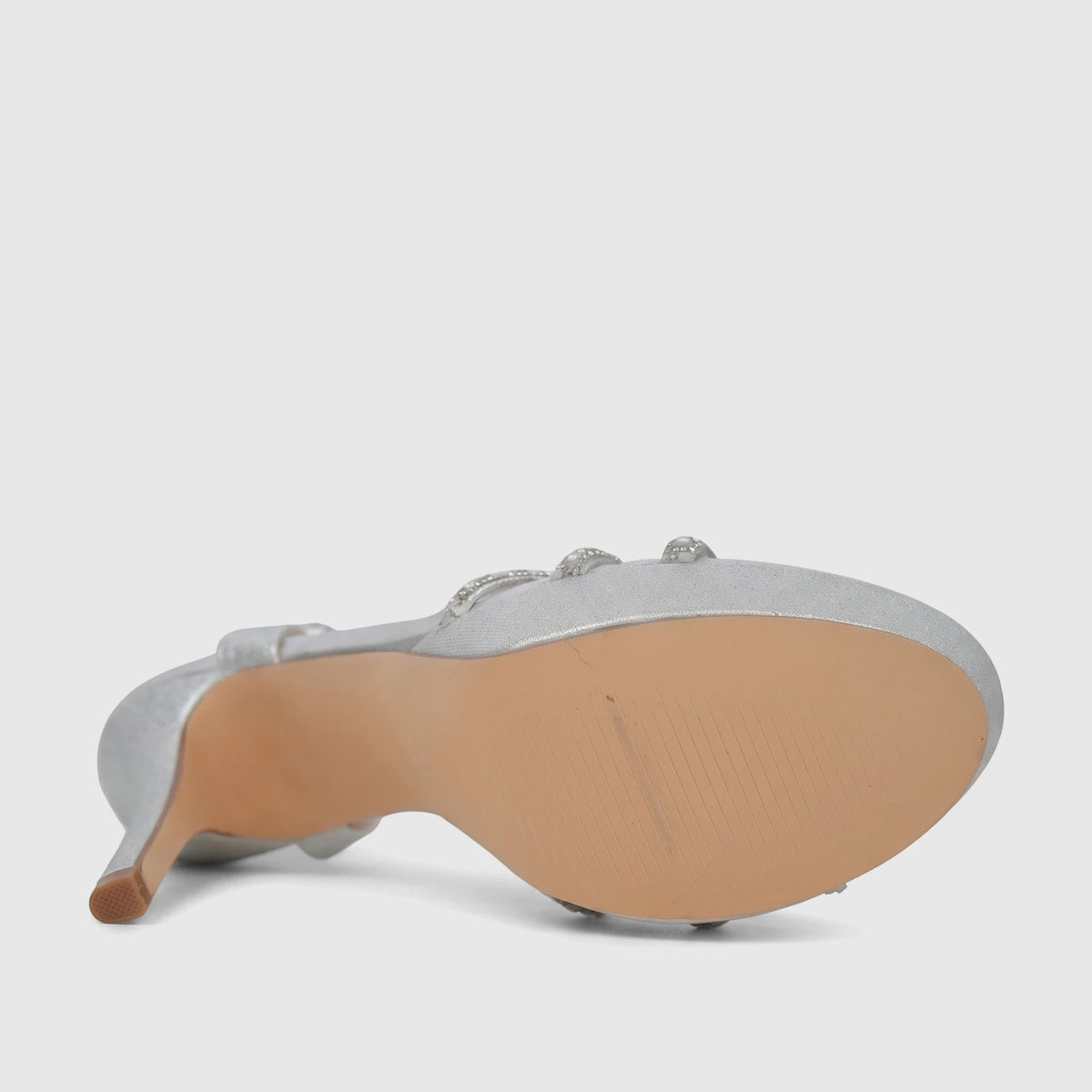 Bulbul Ladies Evening Slingback Sandal Silver HAR103, with a sparkly glitter finish and high heel, viewed from below