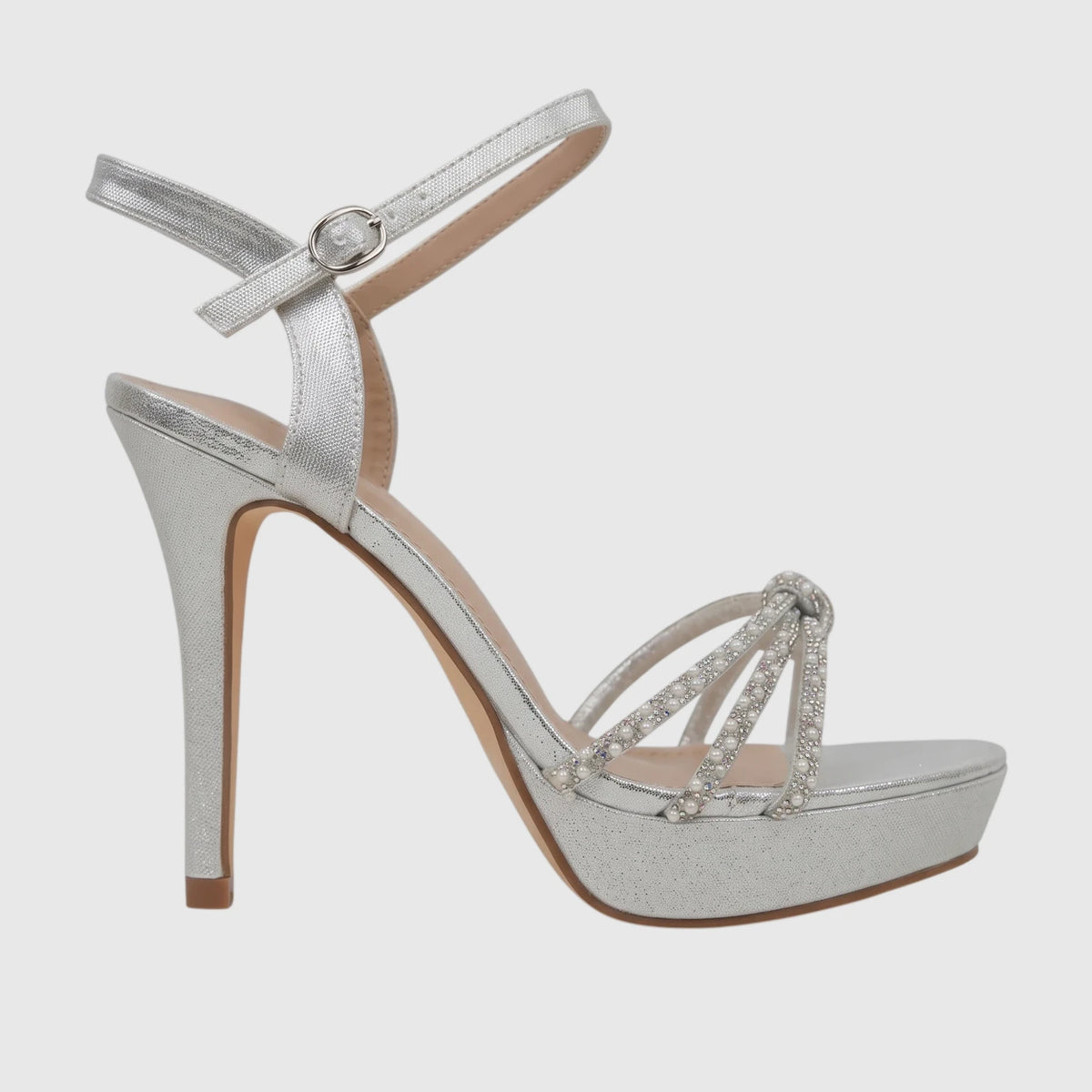 Silver glitter platform high-heel sandal for ladies, featuring rhinestone and pearl embellished straps, a stiletto heel, and