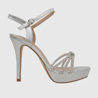 Silver glitter platform high-heel sandal for ladies, featuring rhinestone and pearl embellished straps, a stiletto heel, and