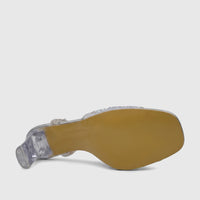 Bulbul Ladies Evening Slingback Sandal Silver HAR105, featuring a clear block heel and sparkling silver upper, viewed from