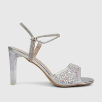 Silver rhinestone-embellished Bulbul Ladies Evening Slingback Sandal with a clear block heel, side profile view.