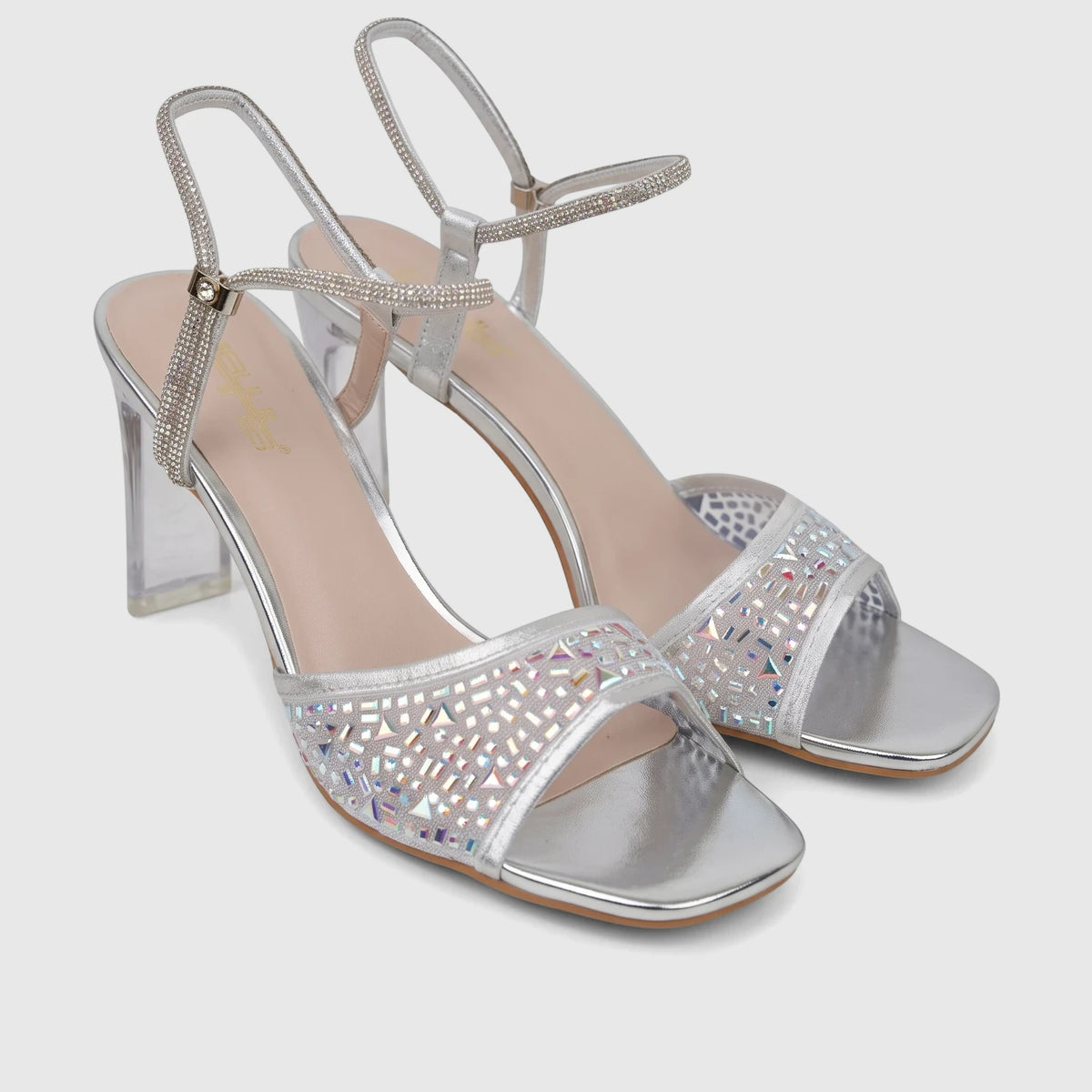 Pair of Bulbul Ladies Evening Slingback Sandals in silver, featuring sparkling rhinestone-embellished straps and clear block