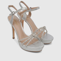 Silver Bulbul ladies evening slingback sandals, featuring sparkling rhinestone and pearl adorned straps, high stiletto