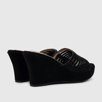 A pair of black Bulbul Ladies Evening Wedge Sandals, featuring an open-toe design with a beaded mesh upper and a comfortable