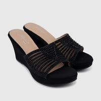 A pair of black Bulbul ladies' evening wedge sandals with open toes and embellished mesh straps.