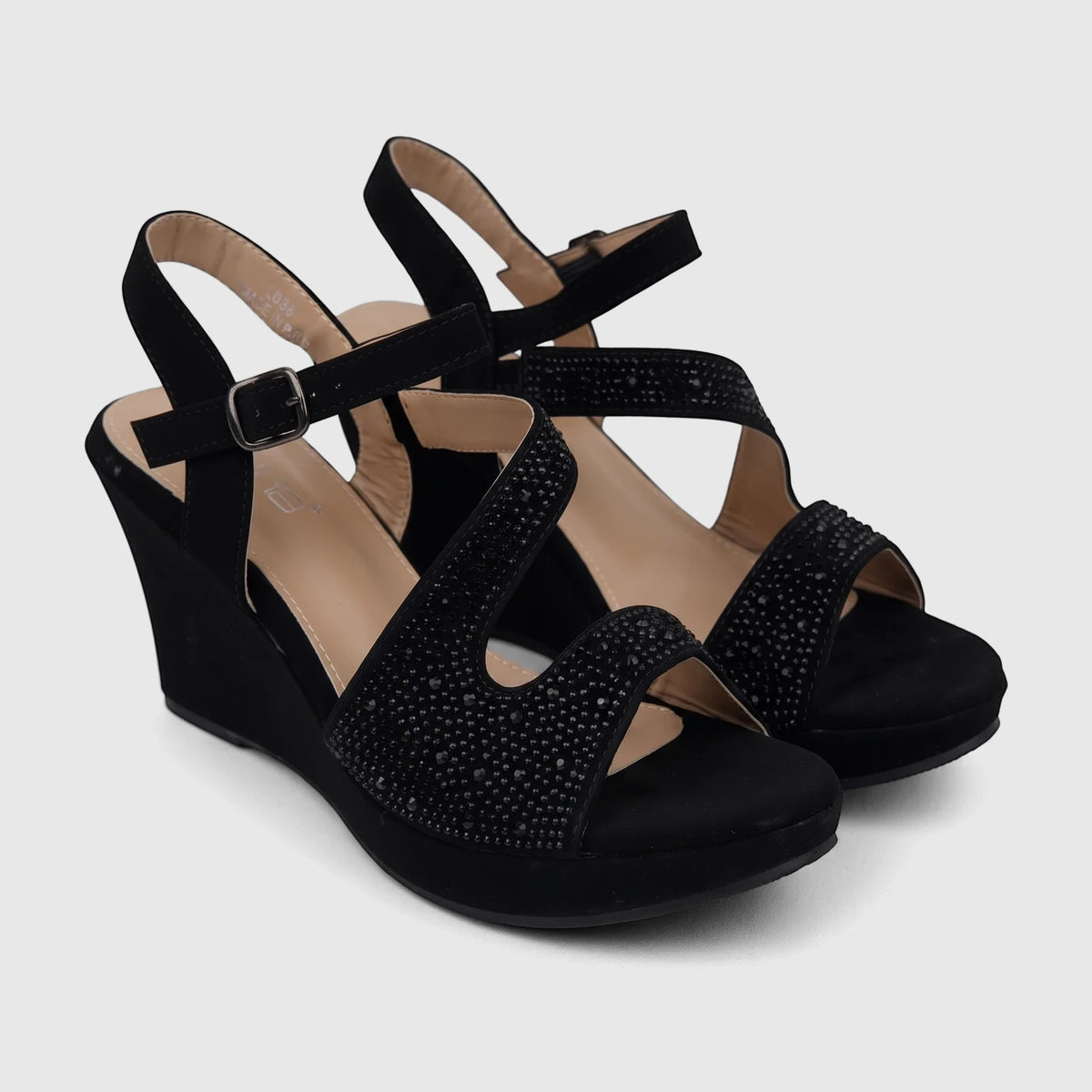 Black Bulbul Ladies Evening Wedge Sandals with rhinestone-embellished straps and an ankle buckle, shown from a low-angle