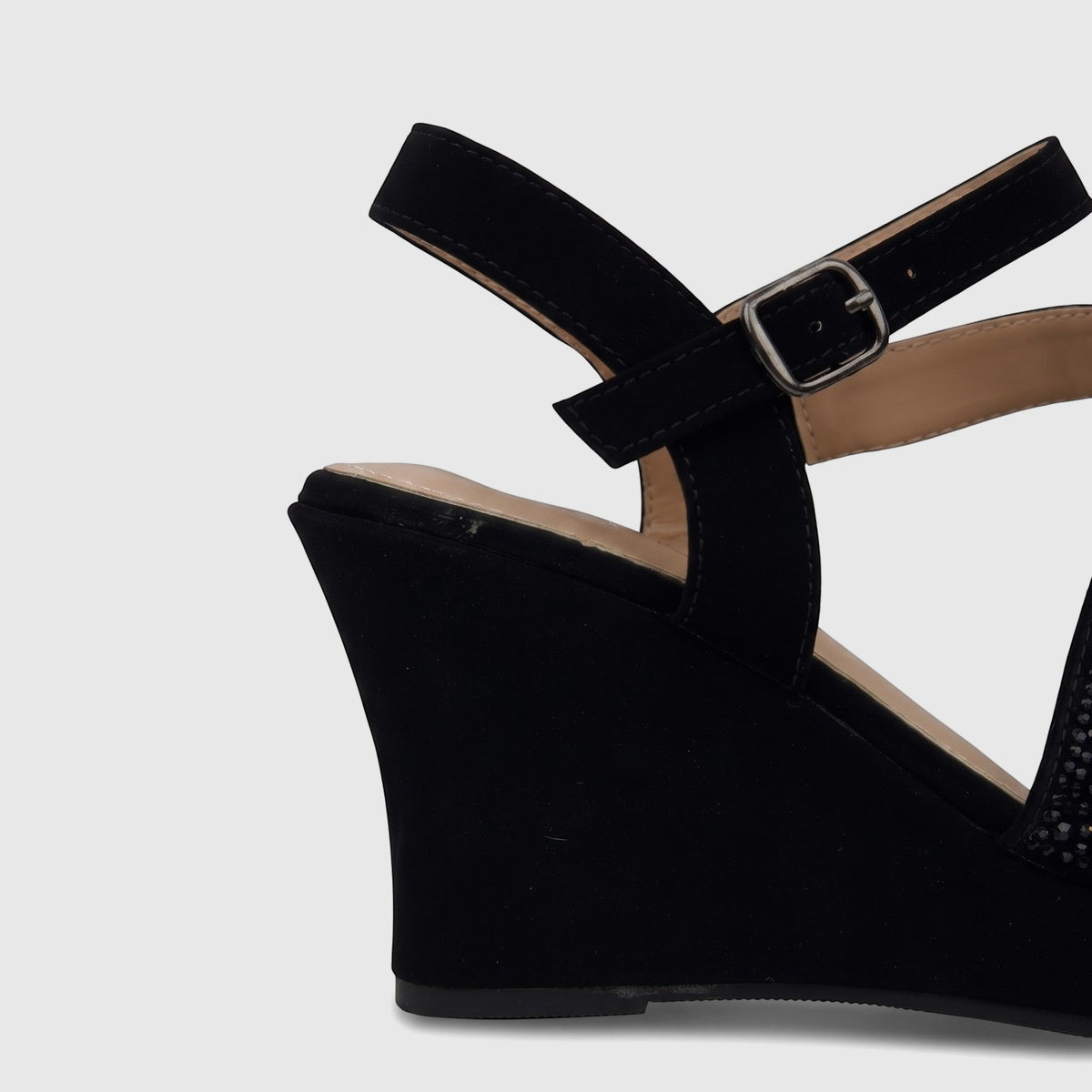 Black Bulbul Ladies Evening Wedge Sandal with sparkly embellishments and an ankle strap, shown in a side view.