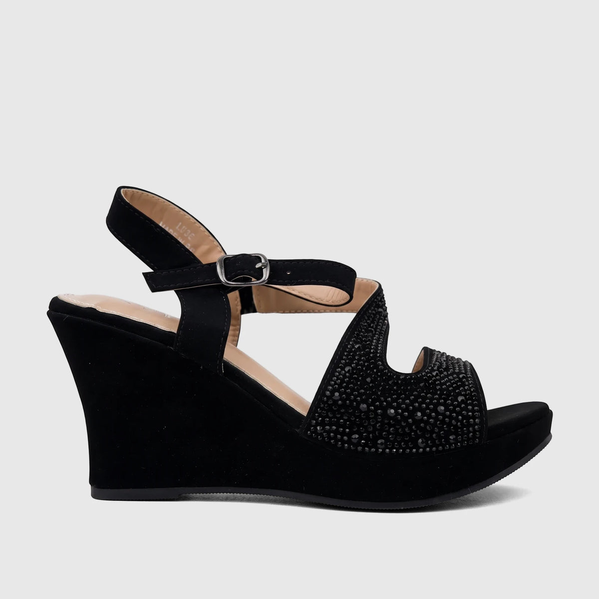 Bulbul Ladies Evening Wedge Sandal in black, featuring a high wedge heel and studded embellished straps, side view.