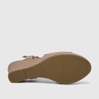 Bulbul Ladies Evening Wedge Sandal in champagne glitter, featuring a buckle strap and a ridged sole, viewed from the side.