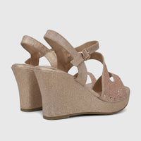 Pair of Bulbul Ladies Evening Wedge Sandals in champagne golden glitter, with rhinestone embellishments and an ankle strap,