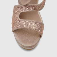 Close-up of a Bulbul Ladies Evening Wedge Sandal in champagne, featuring sparkling rhinestone-embellished straps and a