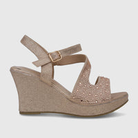 Champagne glitter women's evening wedge sandals with rhinestone embellishments, side view.