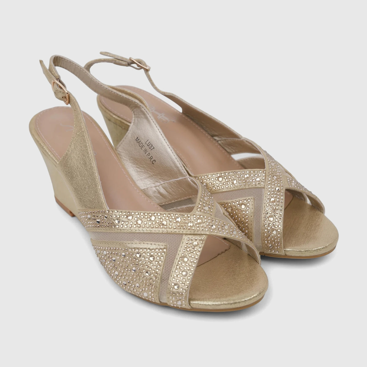 A pair of elegant Bulbul Ladies Evening Wedge Sandals in dark gold, featuring sparkling rhinestone embellishments and a