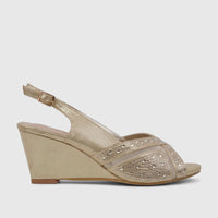 Bulbul Ladies Evening Wedge Sandal in dark gold, with a high wedge heel and sparkling rhinestone-embellished straps, side