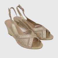 Pair of Bulbul Ladies Evening Wedge Sandals in dark gold with rhinestone embellished mesh panels and slingback straps.