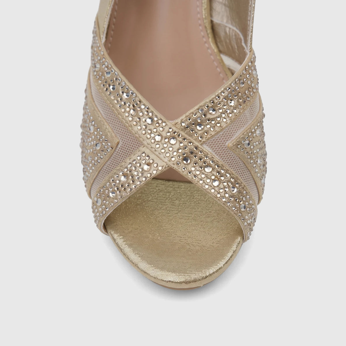 Close-up of a Bulbul Ladies Evening Wedge Sandal in dark gold, featuring rhinestone-embellished criss-cross straps and an