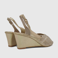 Dark gold ladies' evening wedge sandals featuring rhinestone embellishments on the toe strap and transparent ankle straps,