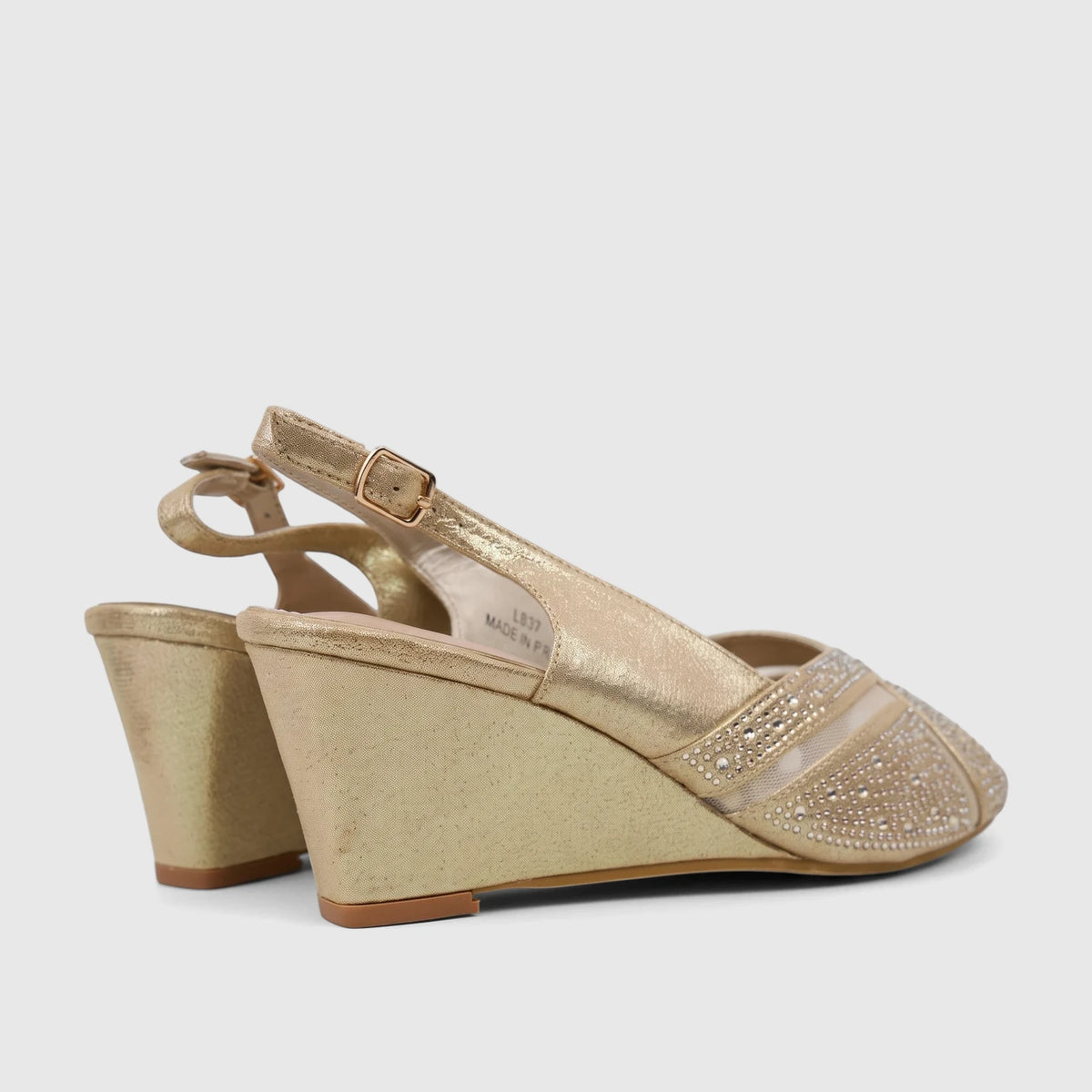 Dark gold women's evening wedge sandals with a slingback strap, buckle, and closed-toe front adorned with sparkling
