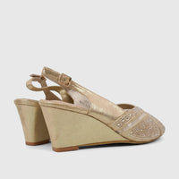 Dark gold women's evening wedge sandals with a slingback strap, buckle, and closed-toe front adorned with sparkling
