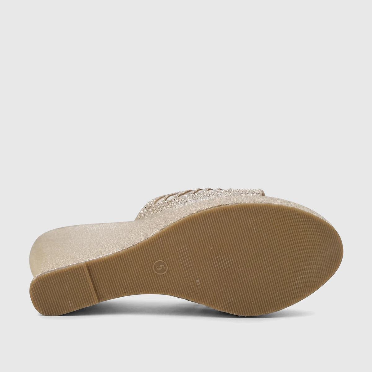 Light gold Bulbul Ladies Evening Wedge Sandal, visible from the bottom showing the sole and rhinestone-embellished upper.