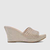 Bulbul Ladies Evening Wedge Sandal in light gold, featuring a rhinestone-embellished strap and glittery wedge heel, side