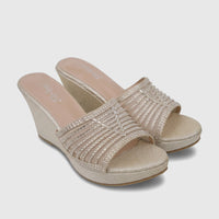 Bulbul Ladies Evening Wedge Sandal in light gold, featuring rhinestone-embellished straps and a comfortable wedge heel.