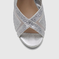 Close-up of a silver rhinestone-embellished open-toe Bulbul Ladies Evening Wedge Sandal, front view.