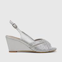 Bulbul Ladies Evening Wedge Sandal in silver with rhinestone embellishments and a comfortable wedge heel.