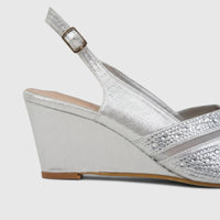 Silver Bulbul Ladies Evening Wedge Sandal with a gold buckle slingback strap and sparkling rhinestone mesh detail.
