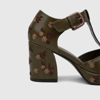 Bulbul Ladies Block Heel with T Bar shoe in khaki, featuring intricate floral embroidery on the block heel and upper, viewed