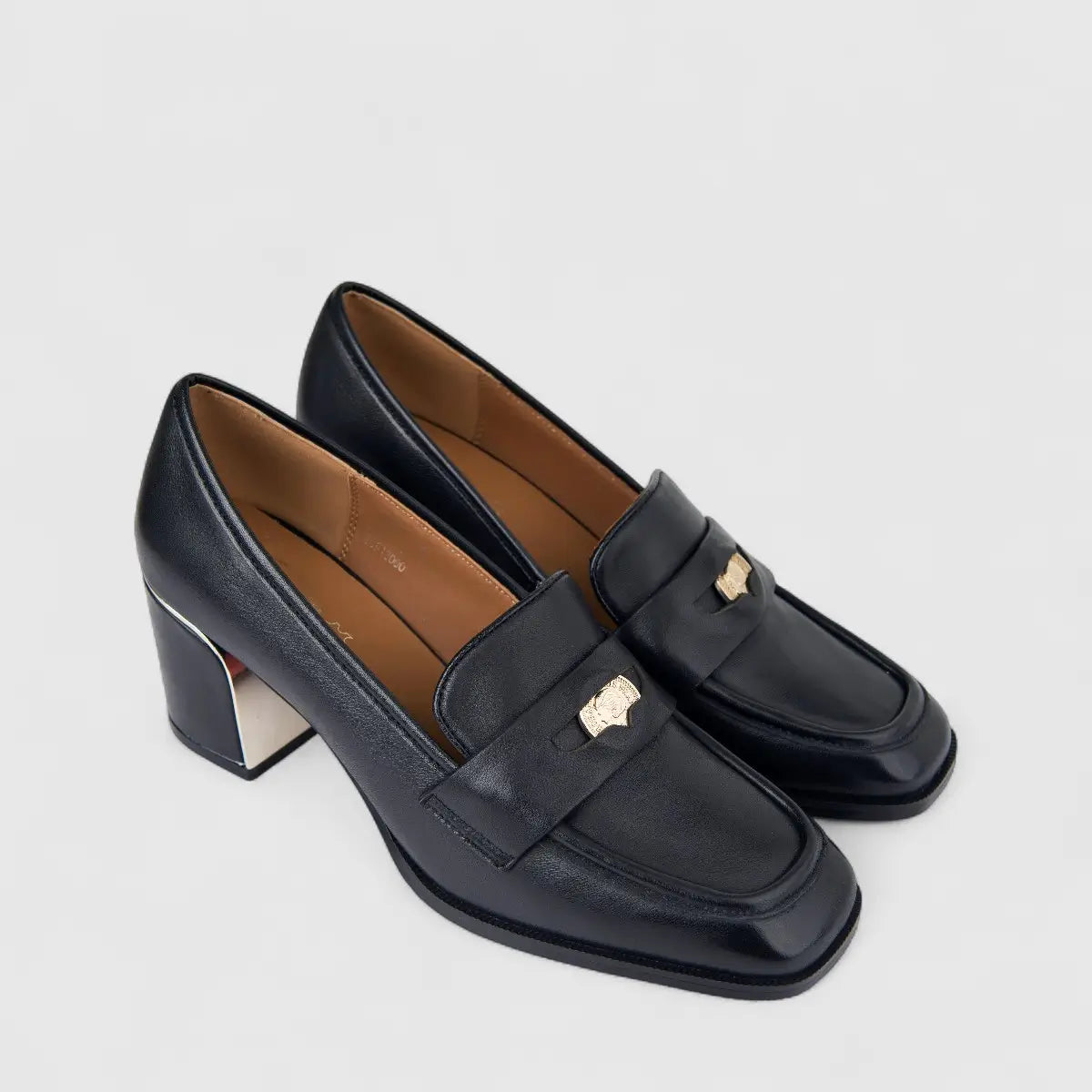 Bulbul Ladies Leather Loafer With Block Heel Black LAR26-9