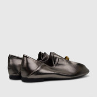 A pair of elegant Bulbul Ladies Evening Pumps in metallic gunmetal, featuring a sleek pointed toe and flat design, viewed
