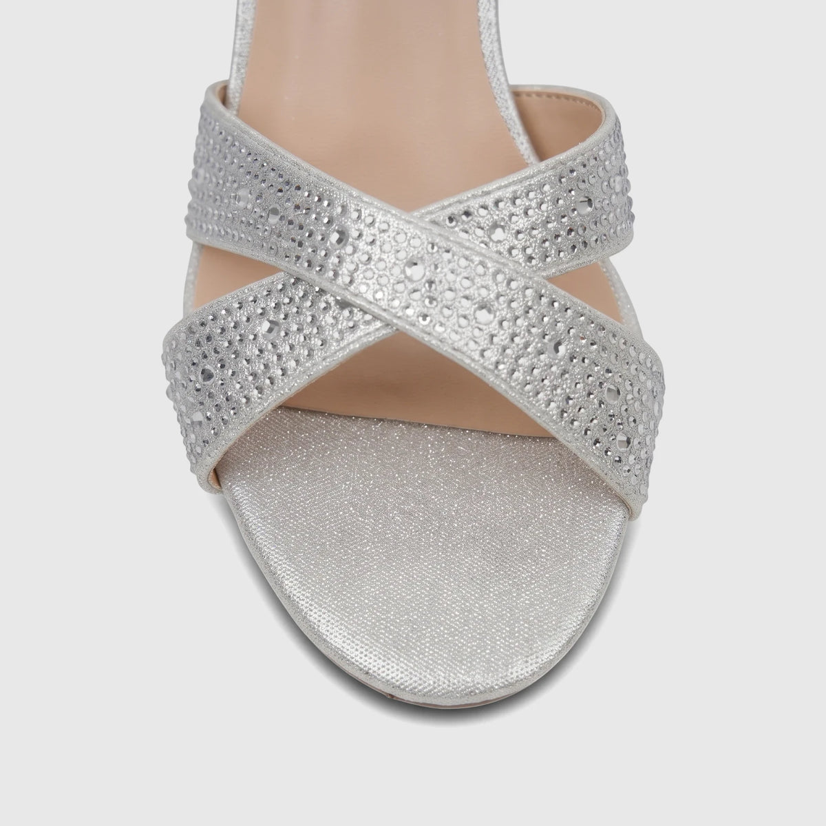 Bulbul ladies' silver evening block heel sandals with sparkly criss-cross straps and an open toe design, close-up view.