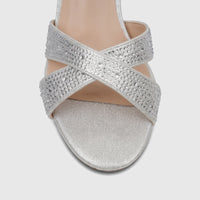 Bulbul ladies' silver evening block heel sandals with sparkly criss-cross straps and an open toe design, close-up view.