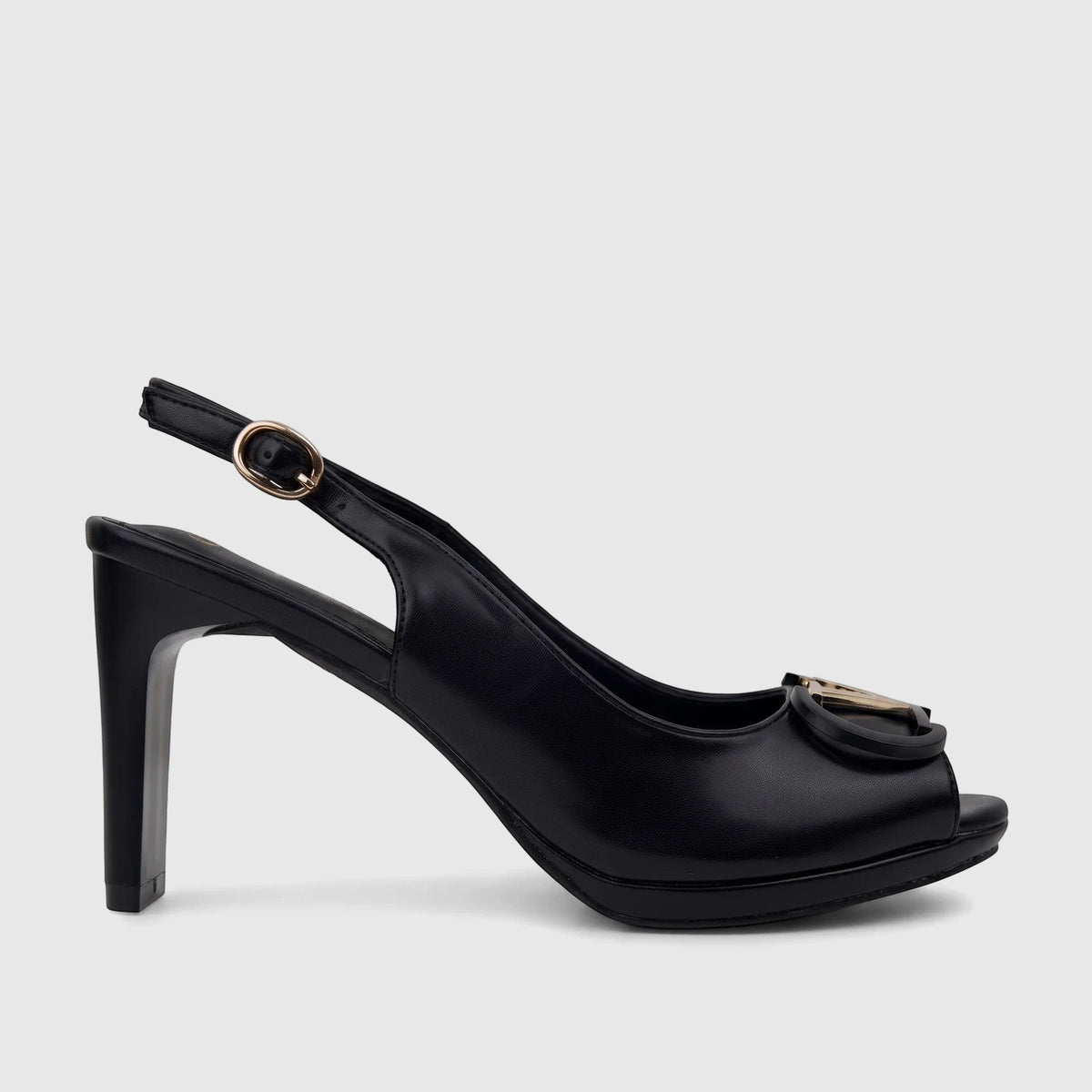 Black Bulbul Ladies slingback peep toe high-heel sandal, featuring a gold buckle and a golden accent on the toe.