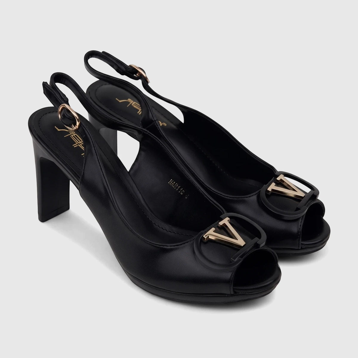A pair of black Bulbul ladies' slingback peep toe sandals with high heels and distinctive gold 'V' buckles, photographed