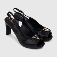 A pair of black Bulbul ladies' slingback peep toe sandals with high heels and distinctive gold 'V' buckles, photographed