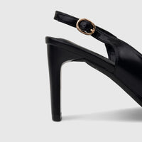 Close-up of a black Bulbul slingback peep toe sandal with a high heel and golden buckle.