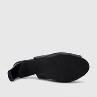 Black Bulbul Ladies Slingback Peep Toe Sandal, high-heeled, shown from the bottom-up view highlighting its sole and block