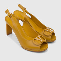 Bulbul Ladies Slingback Peep Toe Sandals in tan leather, featuring a block heel and gold-tone V-logo detail on the vamp.