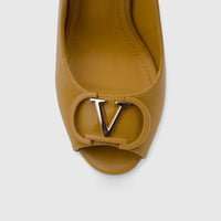 Bulbul Ladies Slingback Peep Toe Sandal in tan leather with a prominent gold-tone 'V' logo detail, viewed from above.