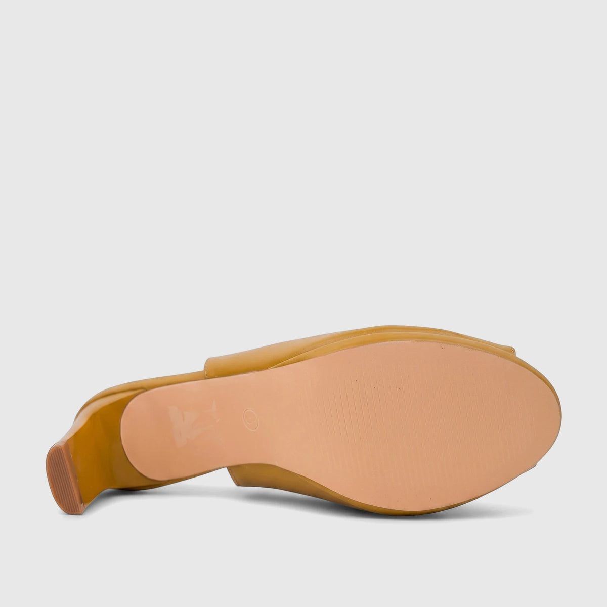 Tan Bulbul Ladies Slingback Peep Toe Sandal, shown from the bottom, highlighting the sole, block heel, and peep-toe design.