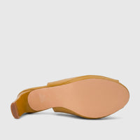 Tan Bulbul Ladies Slingback Peep Toe Sandal, shown from the bottom, highlighting the sole, block heel, and peep-toe design.