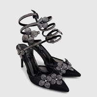 Elegant black Bulbul Ladies Spiral Strap Evening Heel Sandals featuring pointed toes, stiletto heels, and sparkling