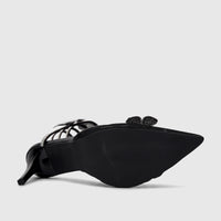 Black Bulbul Ladies Spiral Strap Evening Heel Sandal with a pointed toe and rhinestone detailing, viewed from the side.